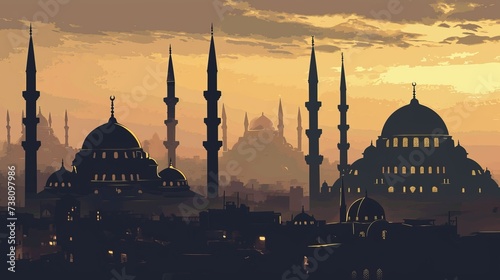 Silhouette of mosque in the city at night.