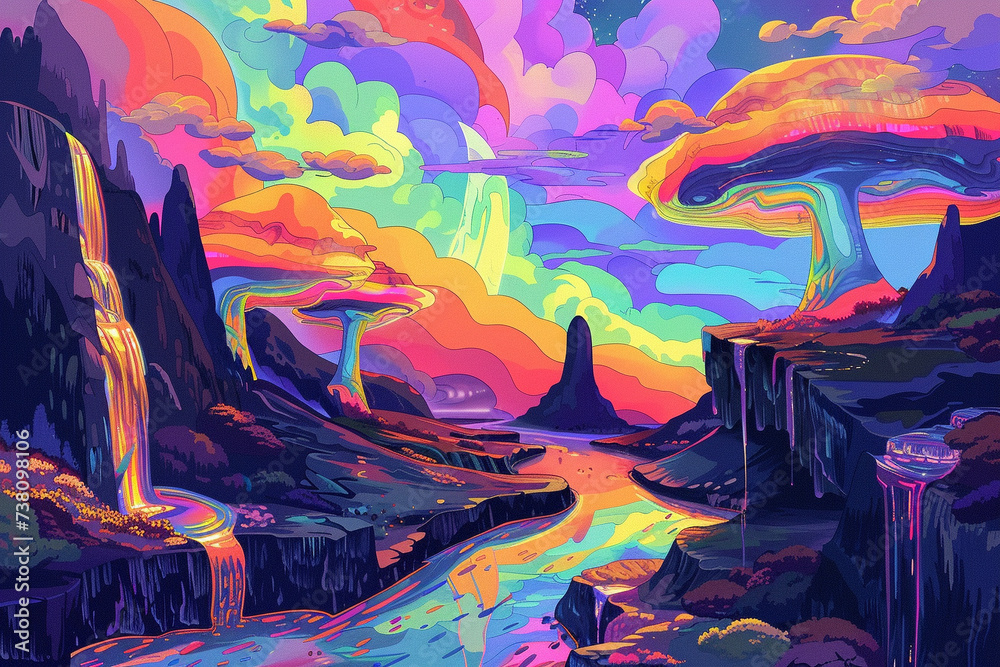 Design a background portraying a surreal and grotesque landscape infused with a vibrant rainbow palette - obrazy, fototapety, plakaty 