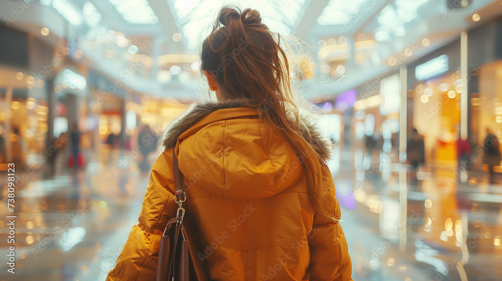 A woman walking through a brightly lit shopping mall, capturing the essence of modern lifestyle and consumer culture, vibrant and dynamic atmosphere A woman walking through a brightly lit shopping mall, capturing the essence of modern lifestyle and consumer culture, vibrant and dynamic atmosphere