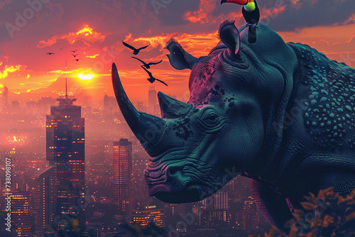 A futuristic rhino gazes over a cityscape bathed in the glow of a dystopian sunset.