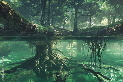 Design a captivating 3D render of a submerged forest where the tree roots hang overhead and form an enchanting inverted canopy