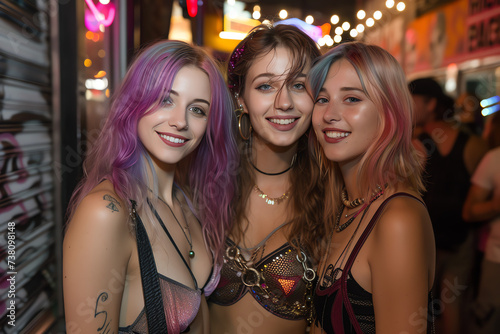 Cosplayer - Drei junge Frauen mit bunten Haaren