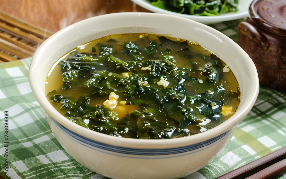 Seaweed and egg soup,created with Generative AI tecnology. Seaweed and egg soup,created with Generative AI tecnology.