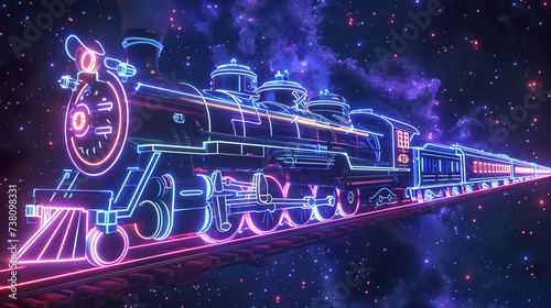 Design a unique illustration of a vintage train composed entirely of neon lights floating gracefully in a dark and starry sky
