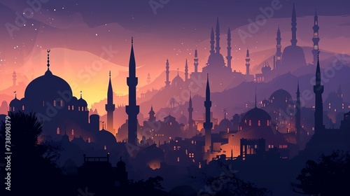 Silhouette of mosque and city at sunset.