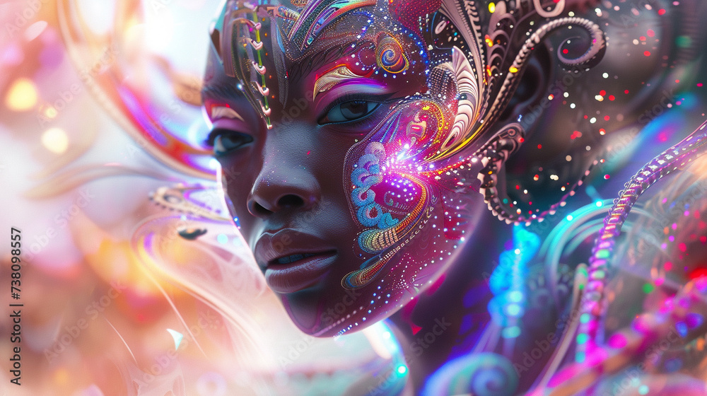 Develop a visually captivating illustration of an African woman embodying a futuristic alien essence