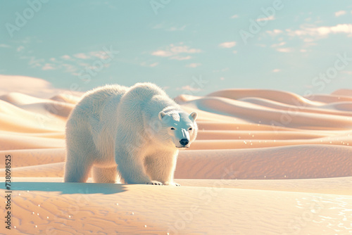 Develop a mesmerizing 3D render where a polar bear harmoniously blends into a desert backdrop