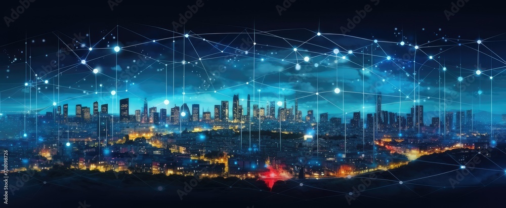 Connected wireless network in the night sky and city surrounded by connectivity