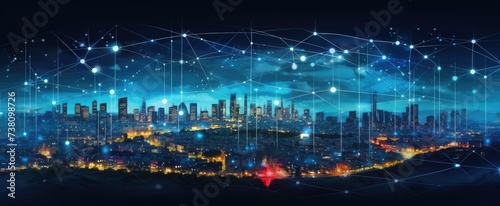 Connected wireless network in the night sky and city surrounded by connectivity