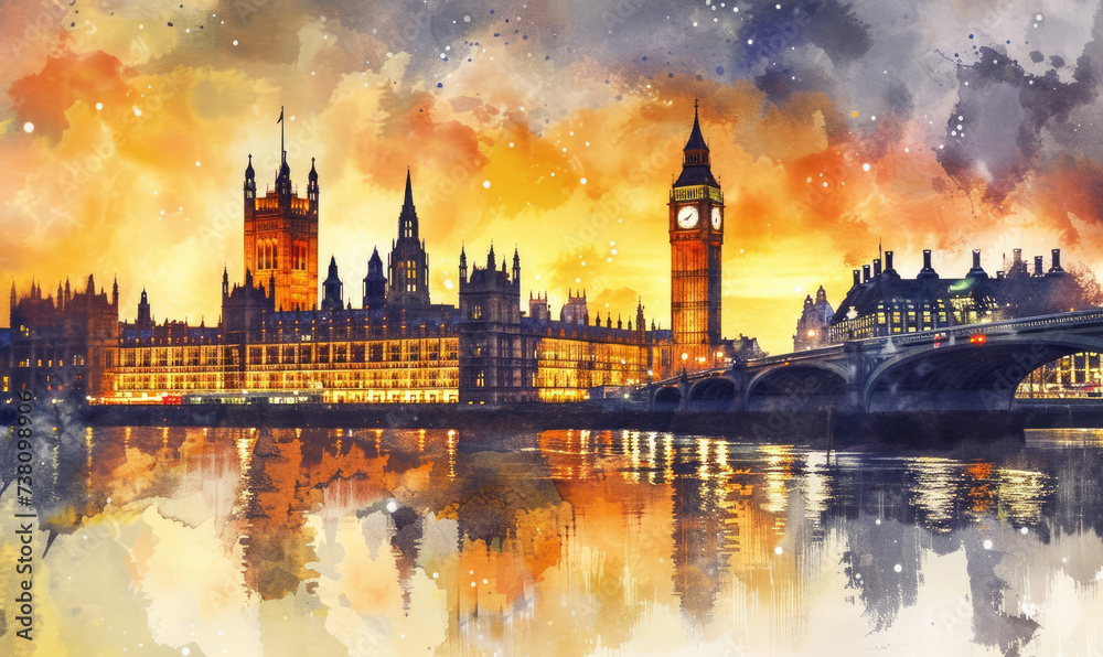 Watercolor London cityscape with Houses of Parliament and Big Ben tower at sunset, UK - obrazy, fototapety, plakaty 