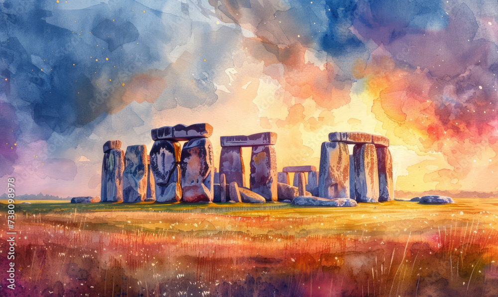 Watercolor Stonehenge at sunset in England - obrazy, fototapety, plakaty 