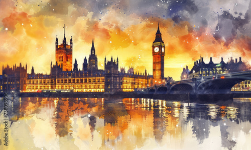 Watercolor London cityscape with Houses of Parliament and Big Ben tower at sunset, UK photo