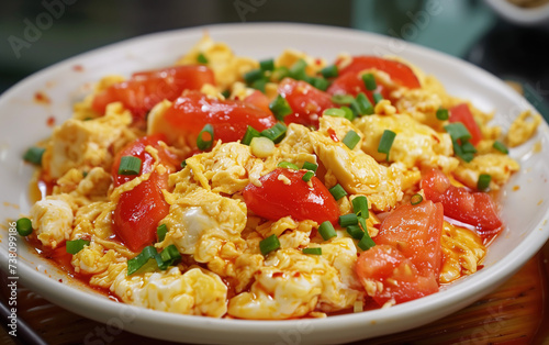 A plate of scrambled eggs with tomatoes,created with Generative AI tecnology.