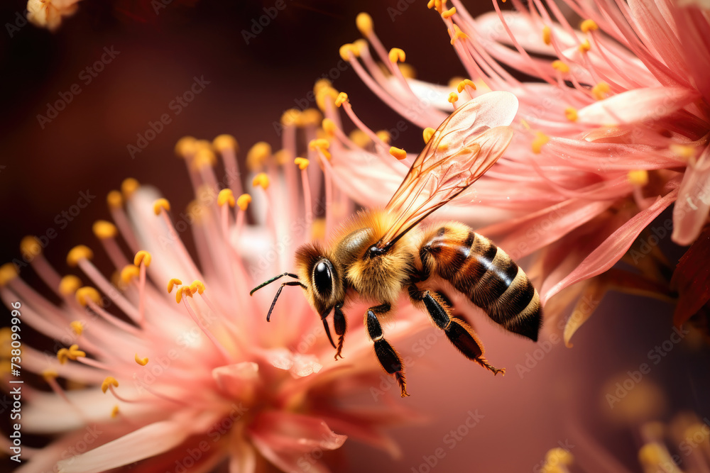 Closeup of a busy bee hovering over a beautiful flower, pollinating and collecting nectar - obrazy, fototapety, plakaty 