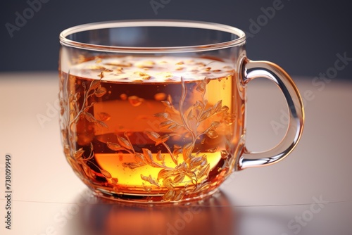 Tea in clear glass cup with floral infusion. Close-up on a tea blend concept.