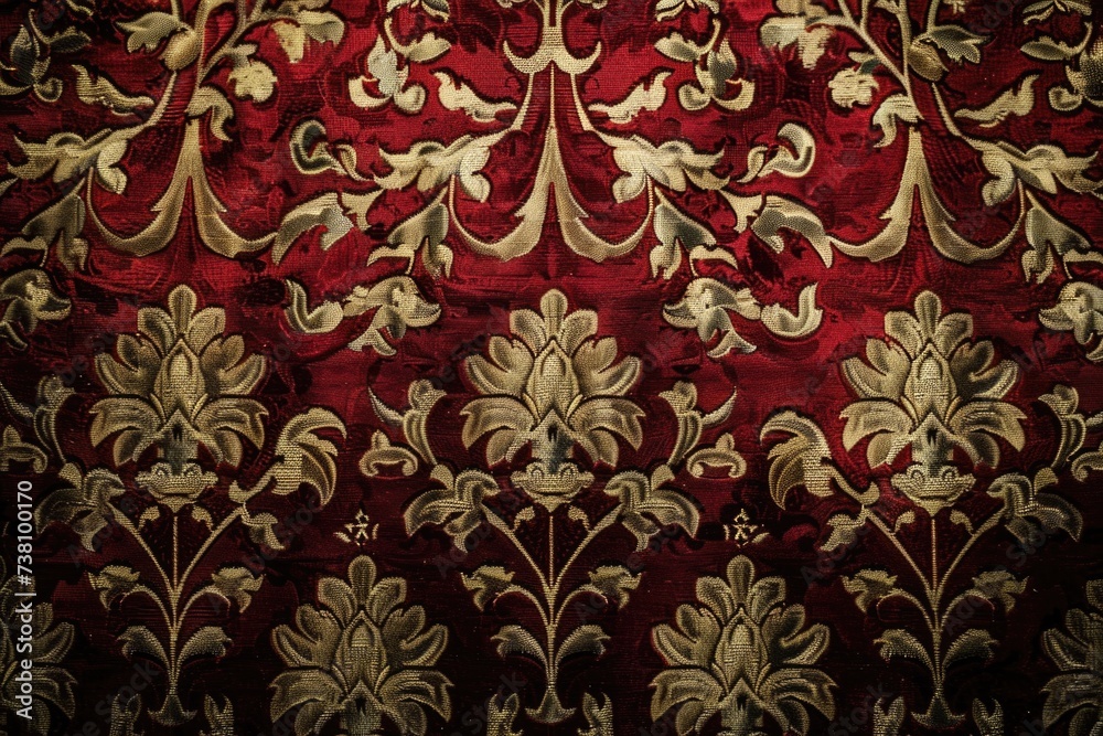 Red and gold vintage brocade fabric texture.
