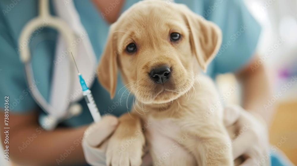 Puppy being gently vaccinated at a veterinary clinic. Veterinary professional administering a vaccine to a fluffy puppy. - obrazy, fototapety, plakaty 