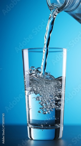 Pouring fresh water into a clear glass against a blue background. Dynamic splash and bubbles as water fills a drinking glass.