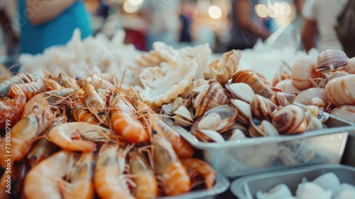 Assorted seafood with shrimps and shells on display at market.