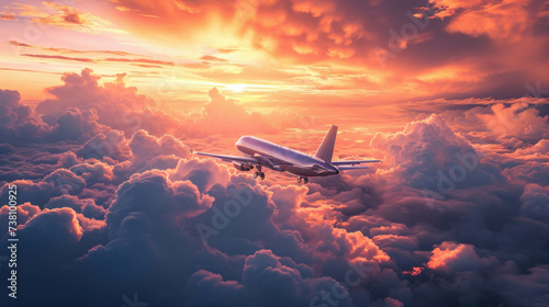 Explore the cinematic composition of a chrome plane reflecting its environment under vibrant god rays. AI generative. photo