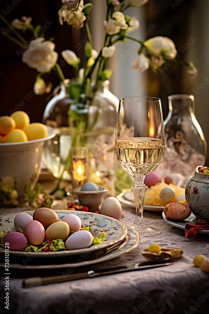 Easter appetizer food table background. Easter dinner, eggs, flowers backdrop. Happy Easter celebrating