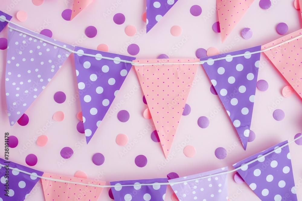 Fototapeta premium Colorful party bunting flags with polka dots on pink background.