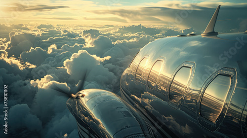 Experience the majestic isometric photography capturing a reflecting chrome plane amidst fluffy volumetric clouds. AI generative.