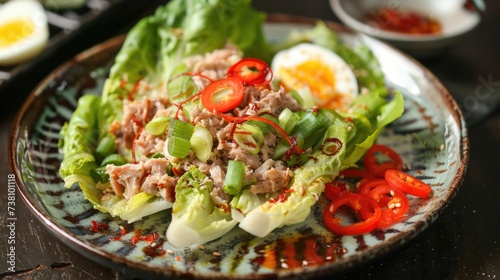 Tuna salad on a ceramic plate with sesame dressing.