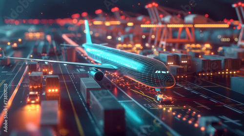 Hologram of the futuristic international logistic system. A neon-lit, high-tech plane is parking in the port with glowing lines in the nighttime with vivid red and green graphics. Side view.