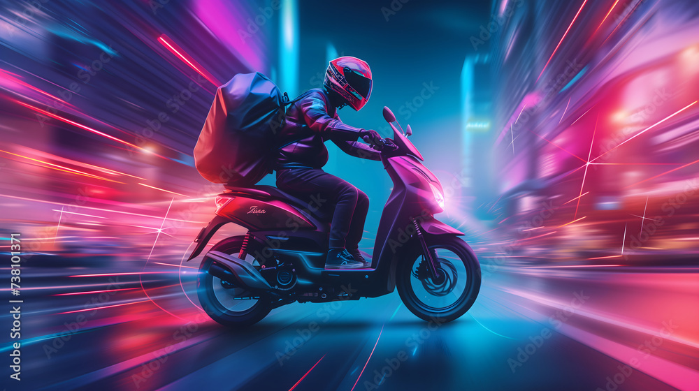 Hologram of futuristic logistic system. A neon-lit, high-tech delivery motorcycle with a biker. Glowing streaks accents speed as a background. Vivid red and purple color scheme. Side view.