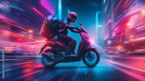 Hologram of futuristic logistic system. A neon-lit, high-tech delivery motorcycle with a biker. Glowing streaks accents speed as a background. Vivid red and purple color scheme. Side view. © Kanlayarawit