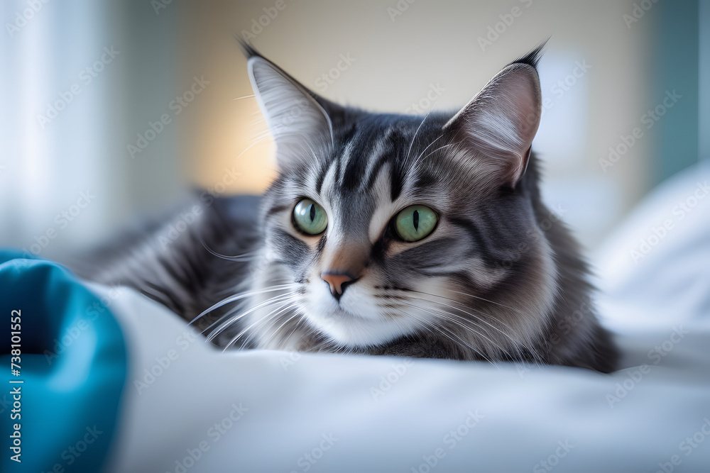 Fototapeta premium A Cat With Green Eyes Laying on a Bed