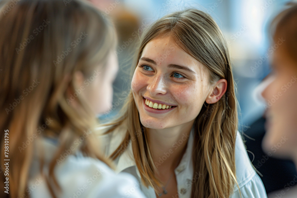 young business woman talking with two peers in an office