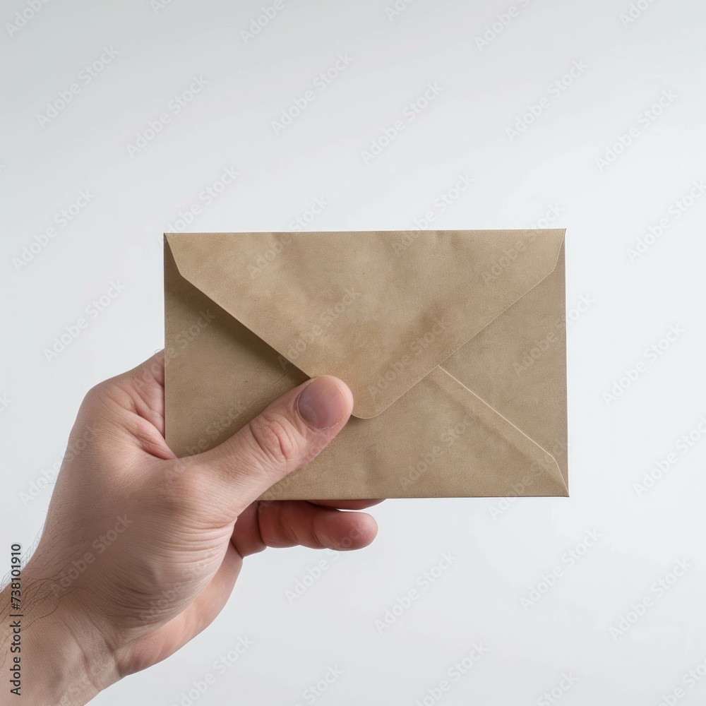 Minimalist product still: white hand and kraft envelope. AI generative concept.