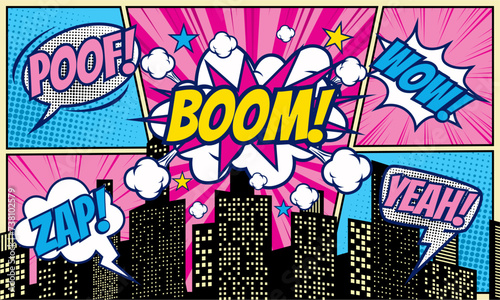 Colorful comic cartoon background with city silhouette