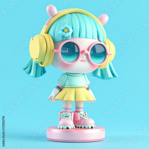 Adorable Popmart girl toy in light blue, summer setting. Pastel colors, clean background, 4K quality. AI generative. photo