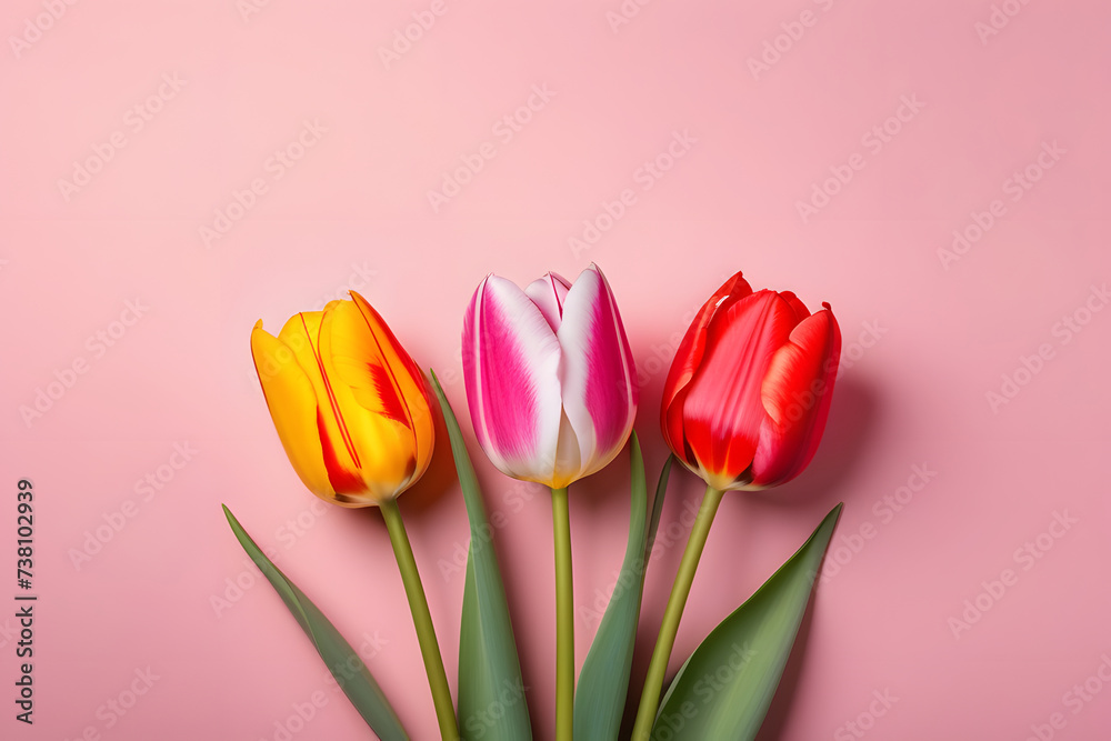 Three Colorful Tulips on a Pink Background Three Colorful Tulips on a Pink Background