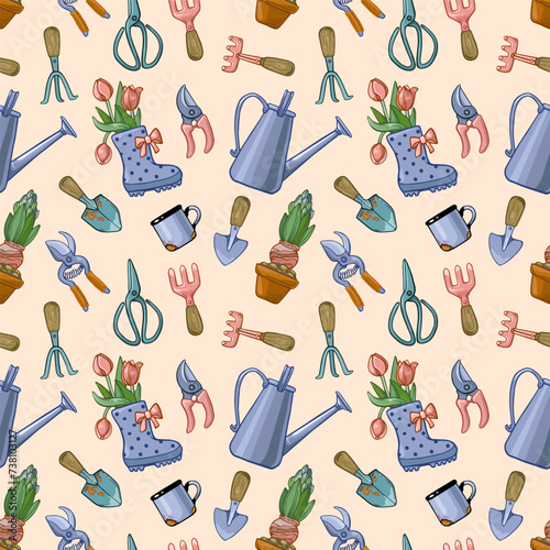 Seamless square pattern with garden tools and spring flowers on a light background.