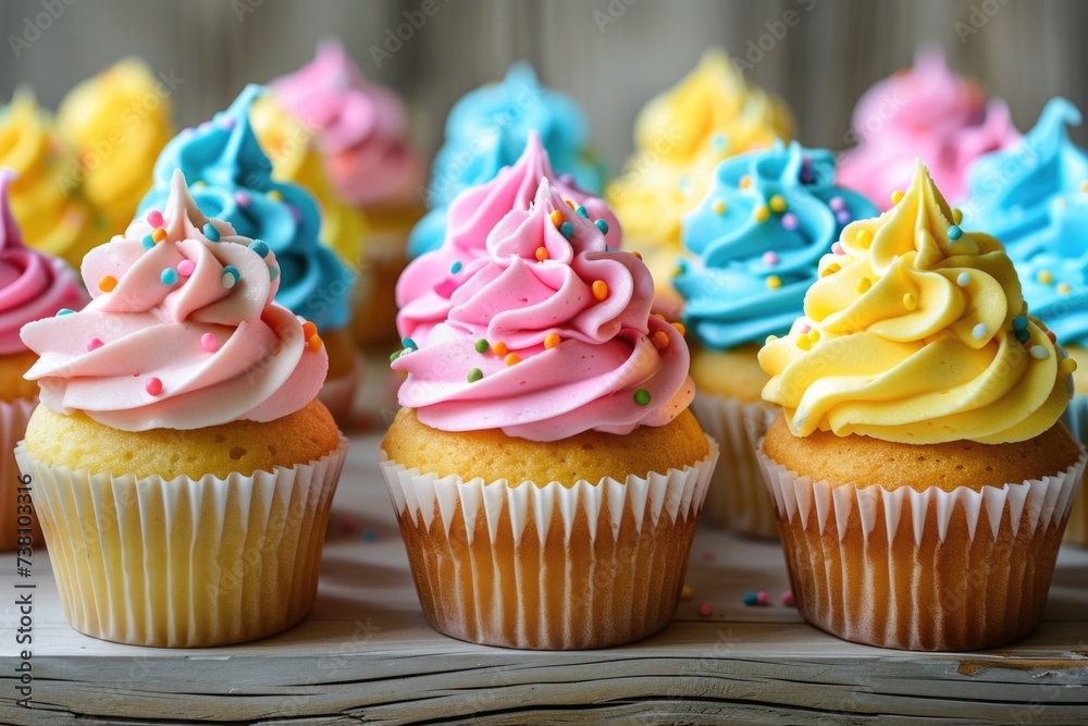 Colorful frosted cupcakes with sprinkles. Ideal image