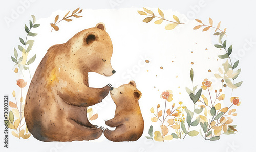 Mom and baby bear and leaves and flowers; can be used for cards or baby shower or mother's day posters; watercolor hand draw illustration; transparent background photo