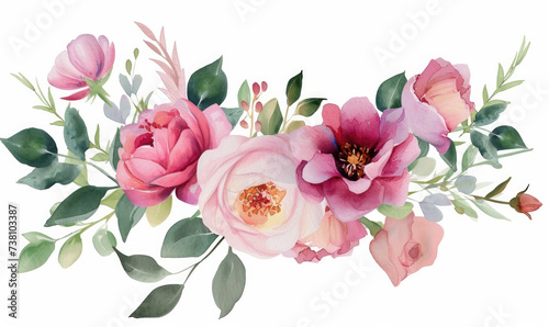 Fototapeta Naklejka Na Ścianę i Meble -  Bouquet made of pink watercolor flowers and green leaves, wedding and greeting