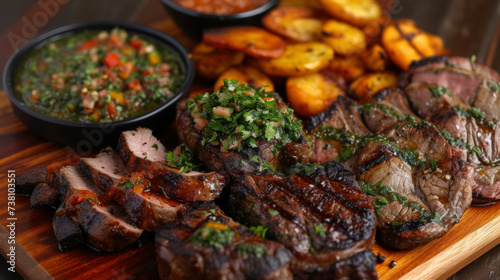 A platter of orted churrasco meats including succulent lamb chops and juicy sirloin steak accompanied by a zingy chimichurri sauce and crispy fried plantains. photo