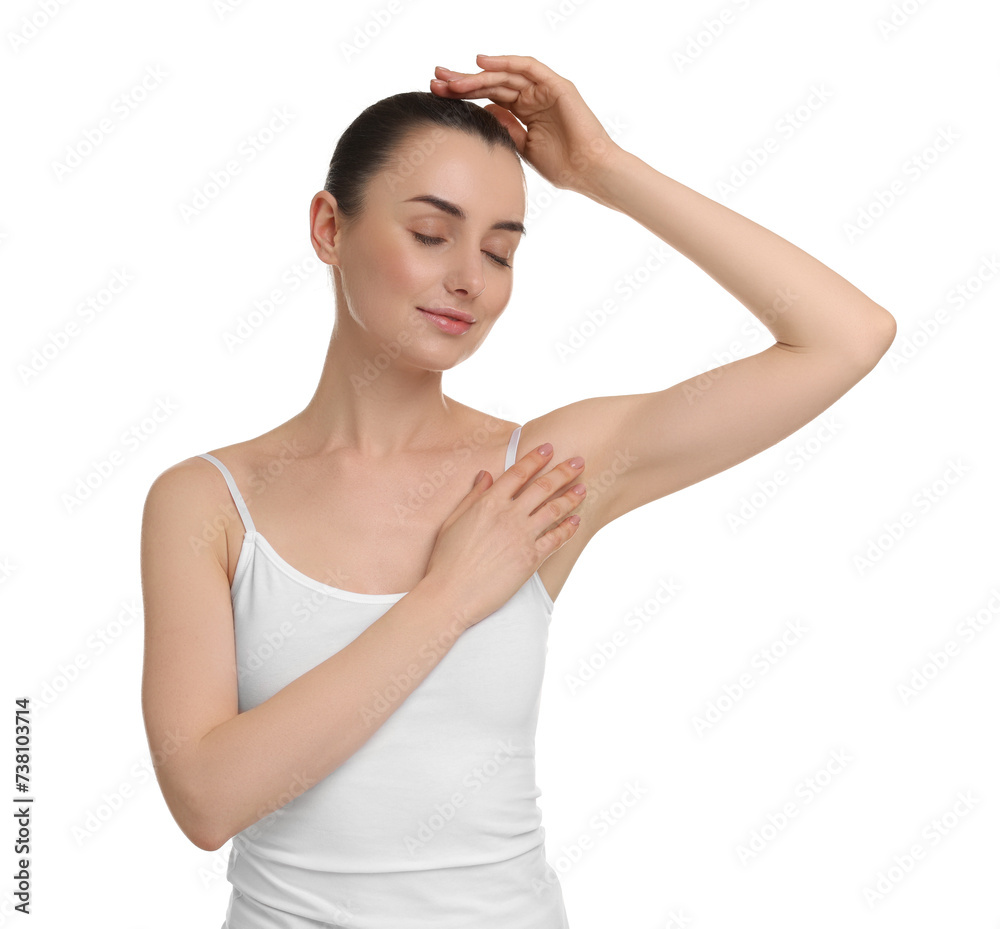 Beautiful woman showing armpit with smooth clean skin on white background Beautiful woman showing armpit with smooth clean skin on white background
