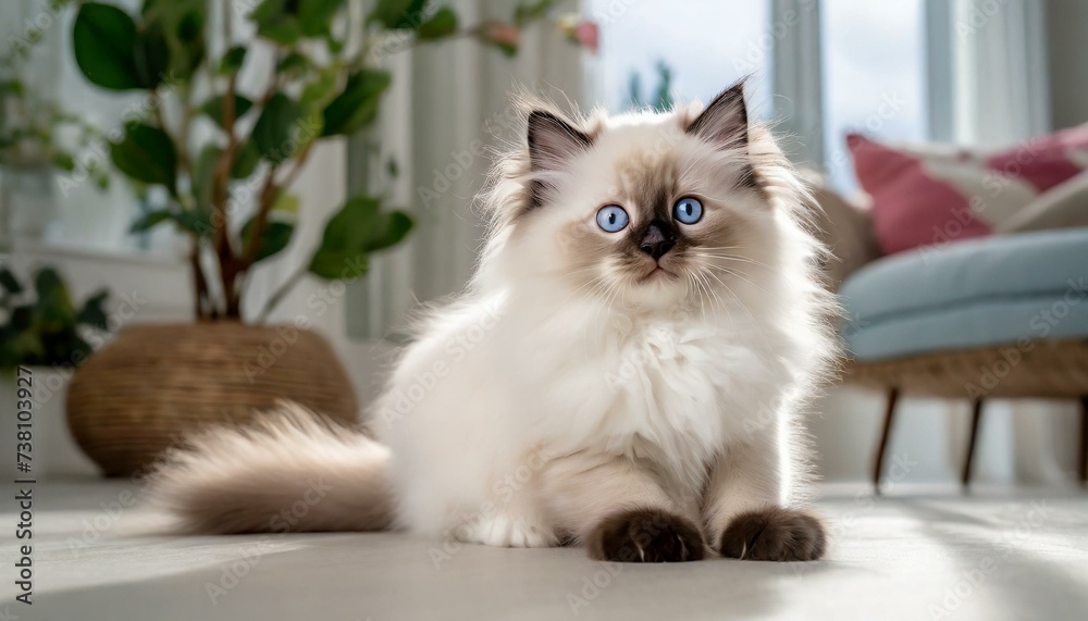 A puppy of a Ragdoll breed cat in an apartment
