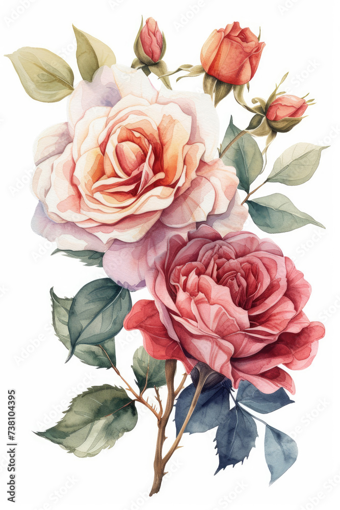 Roses and leaves, watercolor flowers isolated on white background, wedding invitaiton card design