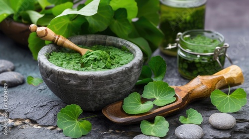 Freshly ground herbal paste in mortar with pestle.