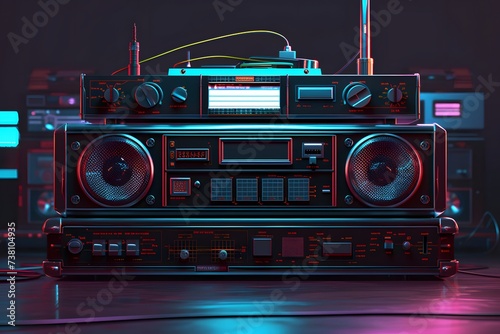 Retro boombox with colored lights.