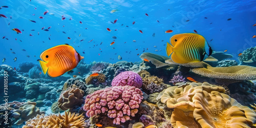 Colorful tropical fishes swimming in coral reef