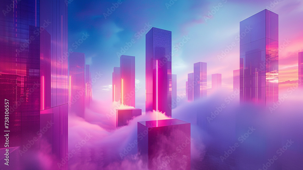 Modern architecture bathed in neon lights pierces through a soft cloud.