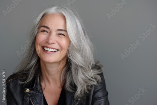 Smiling Senior Woman with Silver Hair in a Black Leather Jacket